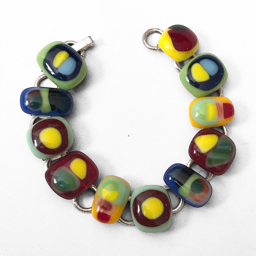 Vintage Multicolored Fused Glass Link Bracelet